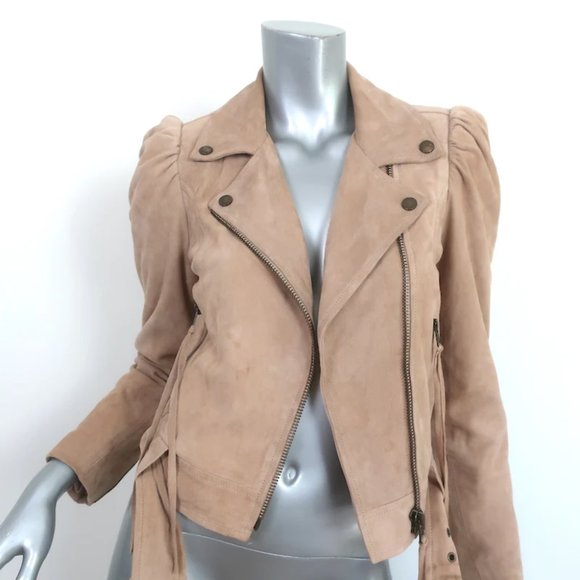 Retrofete Tai Puff Sleeve Moto Jacket Beige Suede Size Extra Small - Picture 2 of 11